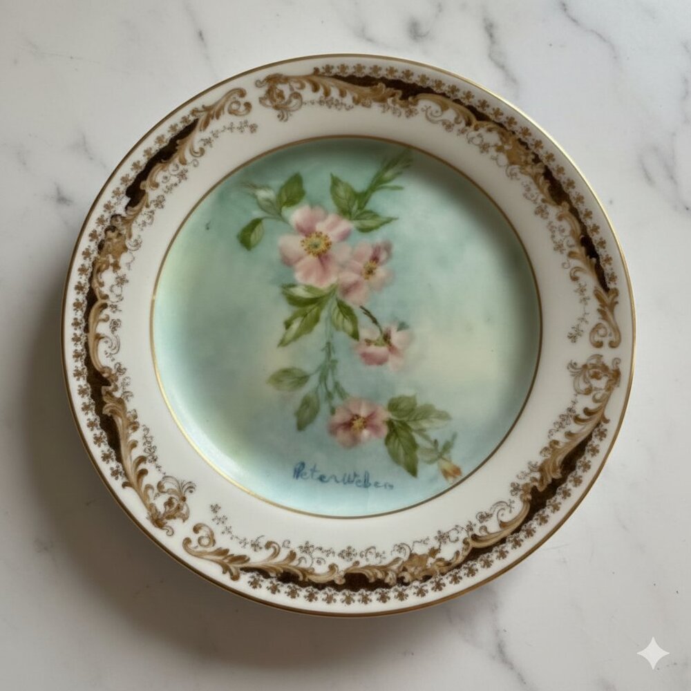 Signature Collection Plate · Peter Weber · Hand Painted Rose · Gold · Japan